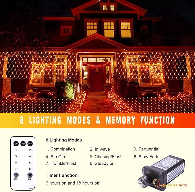 Christmas Net Lights Outdoor - 360 LED Orange Net Lights Waterproof with Remote, 12x5 ft Extendable 8 Modes for Bushes, Gazebo, Lawn, Garden, Shrubs, Tree, Backyard Decorations