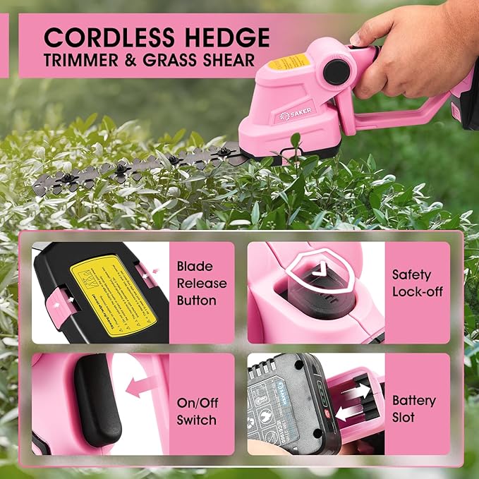 Saker Cordless Hedge Trimmer-20V Electric Shrub Trimmer Grass Shears Handheld Grass Cutter, Hedge Shear with 2 PCS Rechargeable Battery and Charger for Garden, Lawn(Pink)