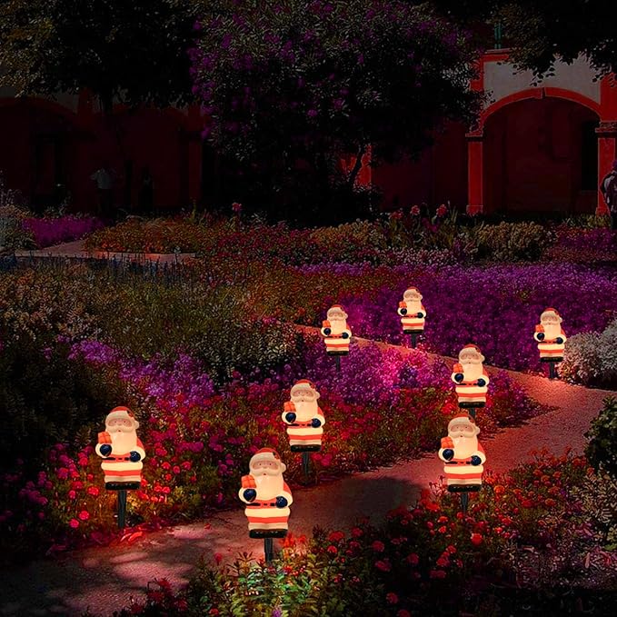 Goothy 2 Sets Santa Christmas Pathway Stakes Lights, 7Ft C7 Outdoor String With 8 Santa Claus Driveway Marker, Connectable Decorations for Yard Garden Walkway