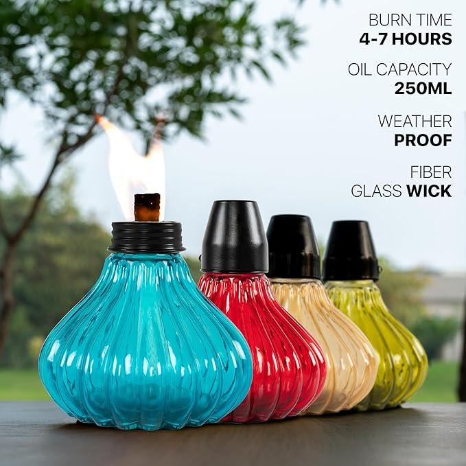 Deco Window Pack of 4 Table Torch for Indoor Outdoor Citronella Oil Tabletop Glass Lamp Landscape Multicolored Lantern with Fiberglass Wick & Cap for Garden Patio Yard Party Decor Light