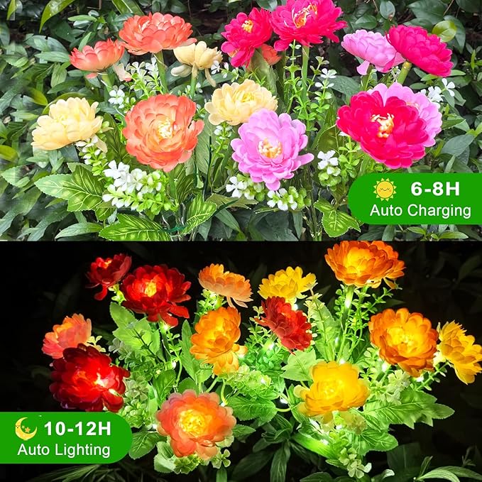 Solar Flowers Lights, 2 Pack Solar Garden Lights with 14 Blooming Flowers, Waterproof Solar Outdoor Fairy Lights for Outside Yard, Garden, Pathway, Walkway, Patio, Lawn, Cemetery, Grave Decor