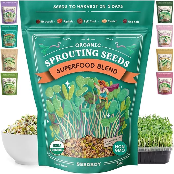 Seedboy Organic Sprouting Seeds - Superfood Blend - Non-GMO, USA Grown Microgreens Mix - Broccoli, Radish, Pak Choi, Clover, Red Kale - Makes 8 Quarts of Sprouts, 24 Servings (8 oz) (Superfood Blend)