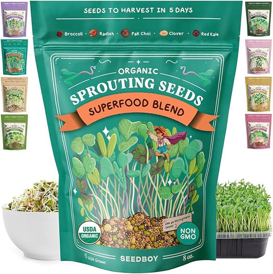 Seedboy Organic Sprouting Seeds - Superfood Blend - Non-GMO, USA Grown Microgreens Mix - Broccoli, Radish, Pak Choi, Clover, Red Kale - Makes 8 Quarts of Sprouts, 24 Servings (8 oz) (Superfood Blend)