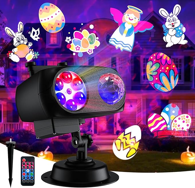 LED Projector Lights, Easter Decor Outdoor&Indoor Rotatable Lamp, Halloween Christmas Projector with 10 Themes, Waterproof Landscape Decorative Lighting Garden Party New Year Xmas