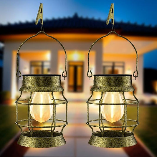 Solar Lantern 2 Pack Solar Outdoor Lights Metal Hanging Lights for Outside Waterproof Retro Design with Edison Bulb Decorative for Patio Porch Fence Garden Lawn