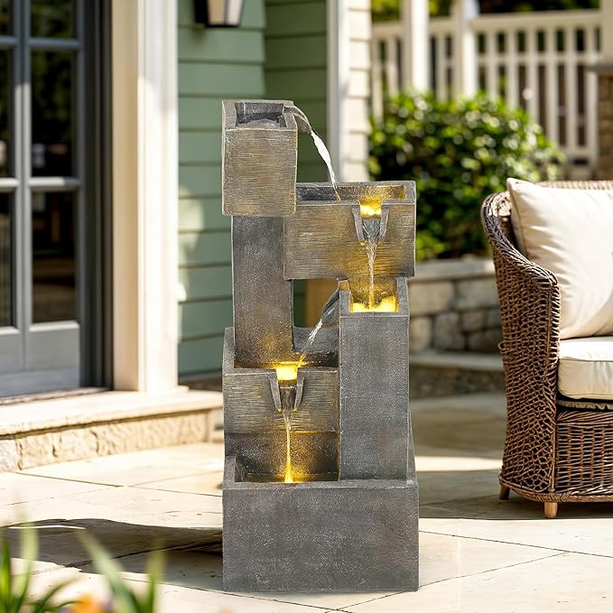 32.5" Modern Outdoor Water Fountain with LED Lights, 5-Tier Stacked Blocks Garden Fountain Cascading Waterfall Feature for Relaxing Garden, Patio, Backyard, Deck, Porch or Home Décor