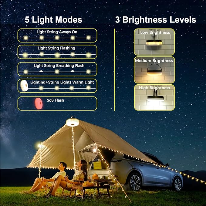Solar Camping String Lights, 39.4FT Portable Waterproof Camping Light with 8 Lighting Modes, Solar Powered and USB Rechargeable Tent Lantern with Remote Control for Camping, Yard, Garden and Hiking