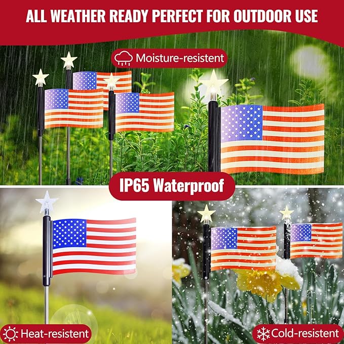 Flumy 4 Pack Solar American Flag Lights Outdoor for Garden, Solar Garden Lights for USA Election Yard Decor, Glowing American Flag Lights Suit for Veterans Day Thanksgiving Day Christmas Decoration