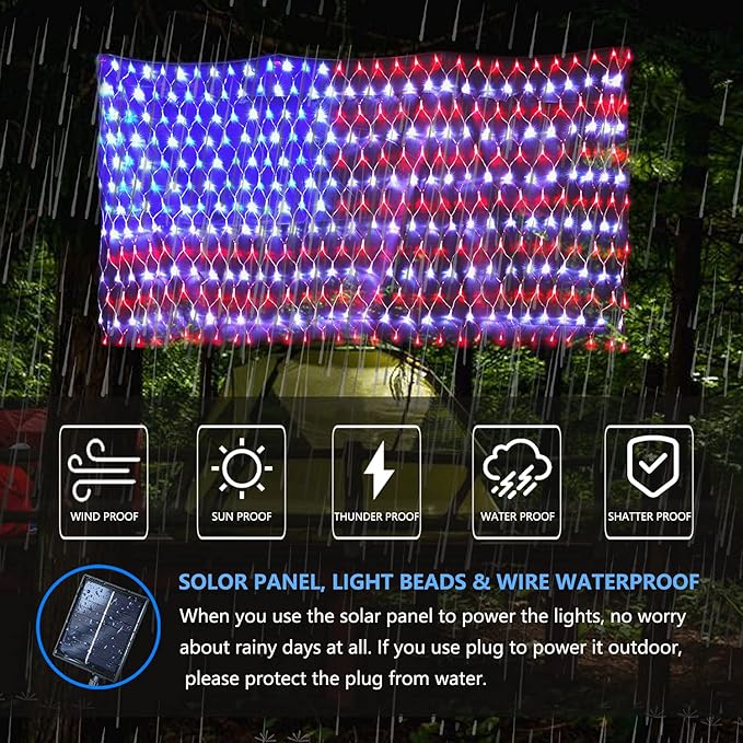 Solar American Flag String Lights - Waterproof 420 Led Solar Powered Flag Net Light for 4th of July Memorial Day Decorations Yard Garden Christmas Festival Holiday Patriotic Party Decoration Outdoor