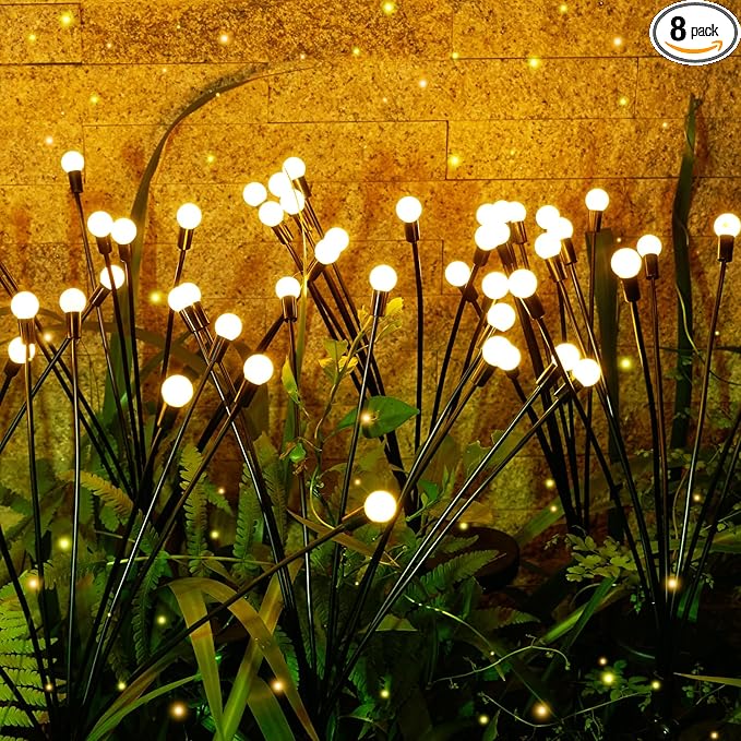 8Pack 64 LED Spring Solar Swaying Lights Outdoor Solar Powered Firefly Lights Garden Decor Waterproof Pathway Light Sway by Wind Landscape Lights Warm Yellow for Pathway Lawn Patio Courtyard Decor