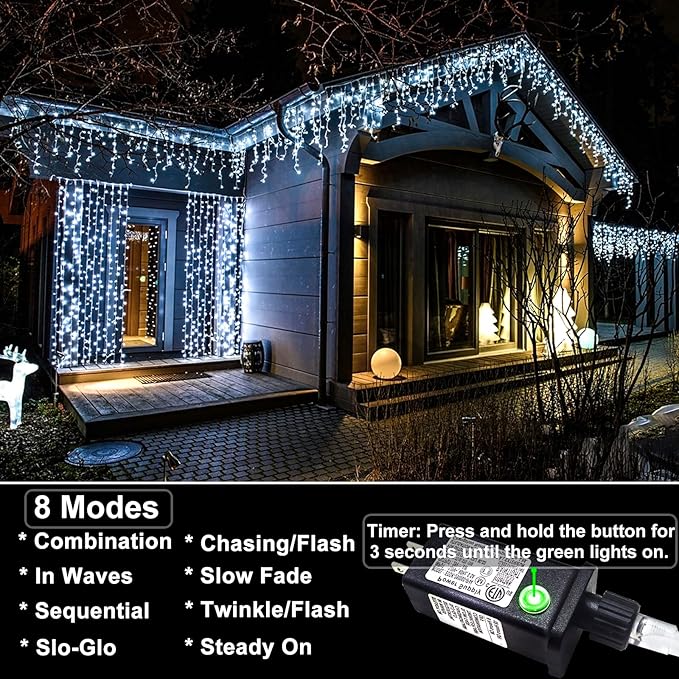 Icicle lights Outdoor - 66ft Christmas Lights with 640LED 120 Drops 8 Modes, Plug in Curtain String Lights Waterproof for Holiday Wedding Party Home Garden Bedroom Indoor Outdoor Decoration,Cool White