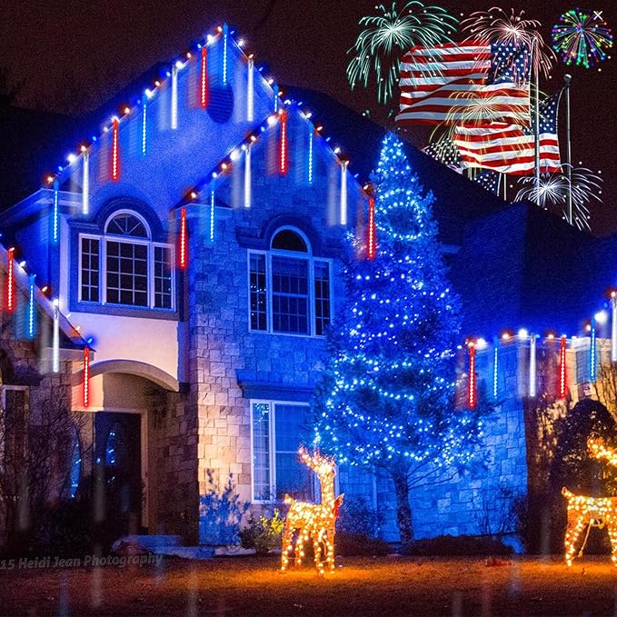 2-Pack 4th of July Lights Outdoor, 18 Tubes 432 LEDs Meteor Shower Lights Plug in, Patriotic String Lights Cascading Lighting for Inpendence National Memorial Day Garden Tree Decor(Red Blue and White)