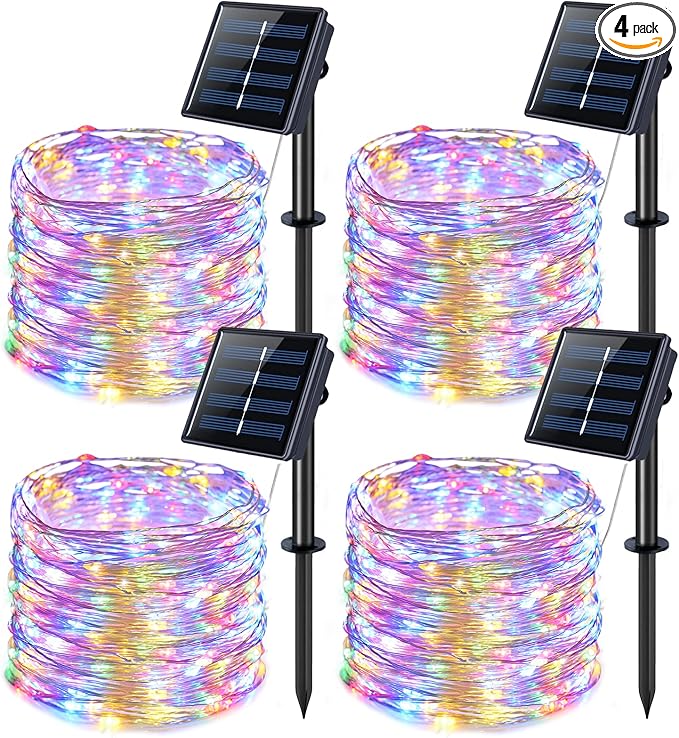 JMEXSUSS 4 Pack 100 LED Solar Christmas Lights, 33ft Solar String Lights Outdoor Waterproof, 8 Modes Multicolor Solar Fairy Lights for Garden Yard Tree Christmas Decorations