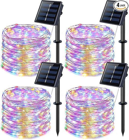 JMEXSUSS 4 Pack 100 LED Solar Christmas Lights, 33ft Solar String Lights Outdoor Waterproof, 8 Modes Multicolor Solar Fairy Lights for Garden Yard Tree Christmas Decorations