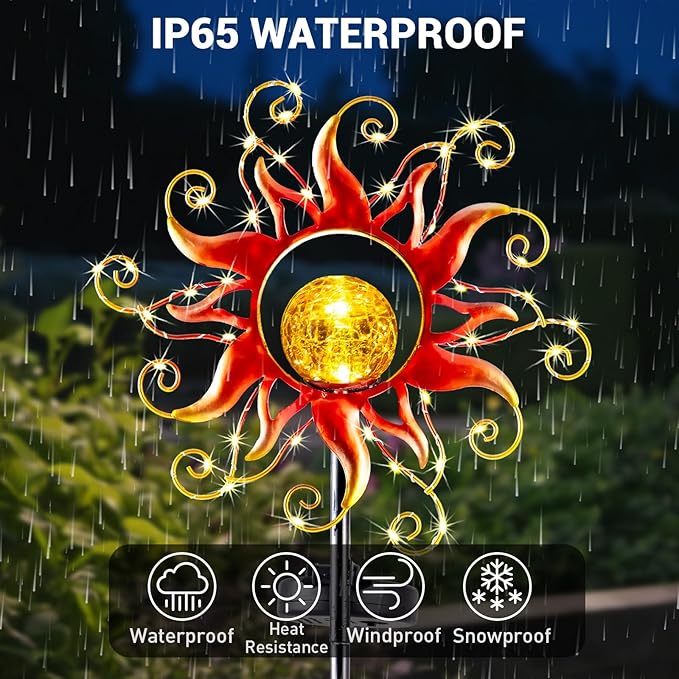 Solar Lights Outdoor Waterproof Red Sun Metal Crackle Glass Stake Decorative for Outside,Yard,Lawn,Patio,Walkway Mothers'Day Gifts Mom Grandma Garden Lover