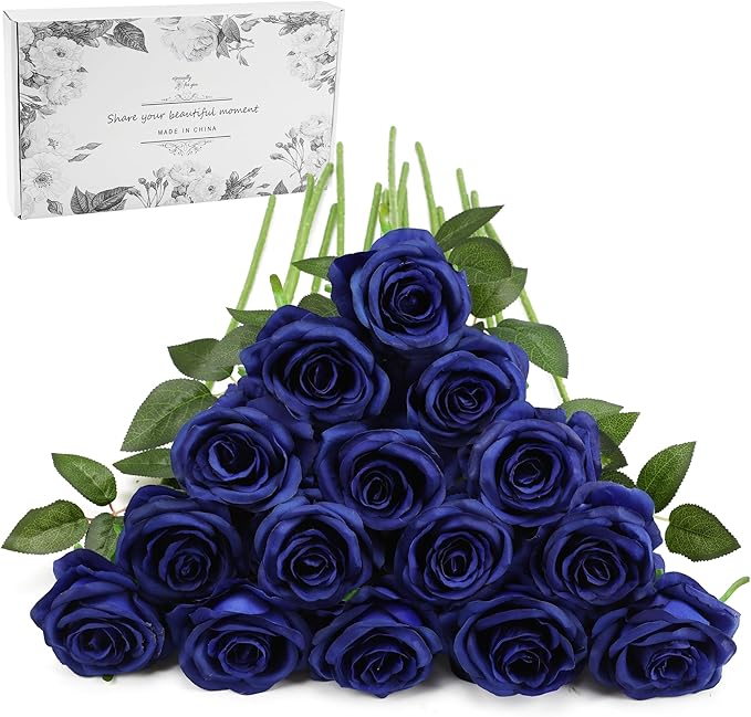 Blue Fake Roses Artificial Flowers - 16 Pcs Fake Artificial Roses Silk Flowers with Stems for Home Wedding Hotel Office Centerpiece Decor（Navy Blue）