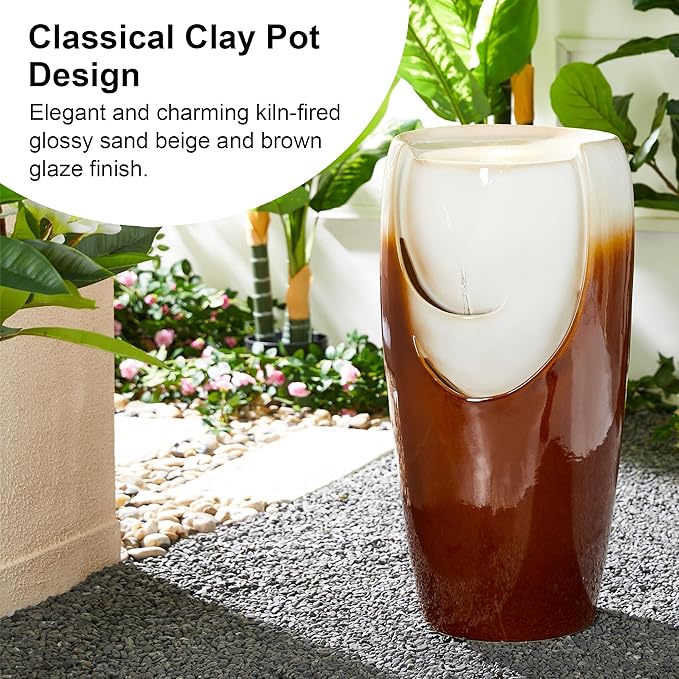 Glitzhome 29.25" H Oversized Ceramic Vase Outdoor Water Fountain, Tall Sand Beige Brown Glaze Patio Garden Water Fountain with LED Light and Submersible Pump for Garden Patio Balcony Yard Art Decor