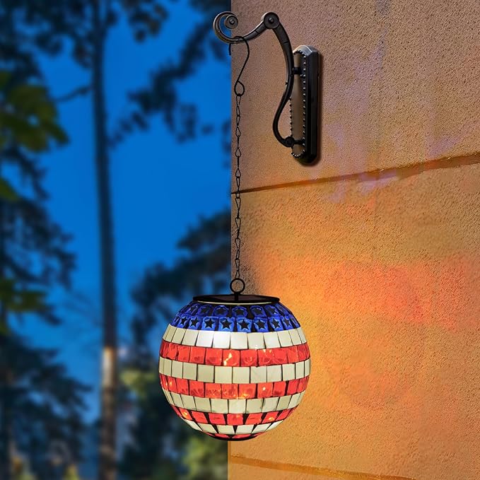 American Flag Solar Hanging Lanterns Outdoor Waterproof Glass Mosaic Gazing Ball Globe Hanging Lantern Lights for Patio Garden Yard Home Decor (Red)
