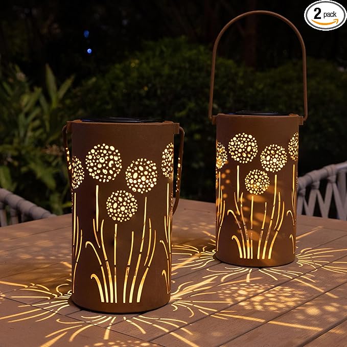 Solar Lanterns Outdoor Waterproof - Dandelion Solar Table Lamp Metal Decoration, Solar Table Lights for Desk Patio Lawn Patio Pathway Landscape Courtyard Backyard Yard Garden Art Decor(2 Pack)