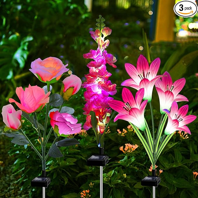 Solar Garden Lights Waterproof, 3 Pack Solar Flowers Lights Includes Lily Rose Delphinium,Gardening Gifts for Mom Grandma Women ,7-Color Changing Outdoor Decor Solar Lights for Garden Yard Patio Lawn