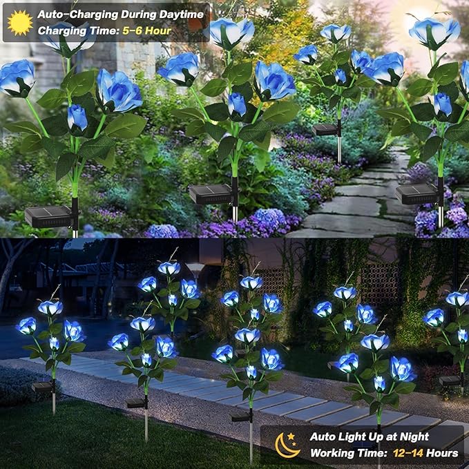 Solar Garden Lights Outdoor, 4 Pack Solar Flower Lights Outdoor Waterproof with 16 Rose, 2 Modes Realistic Rose Flower for Yard, Pathway, Garden Decor & Gardening Gift