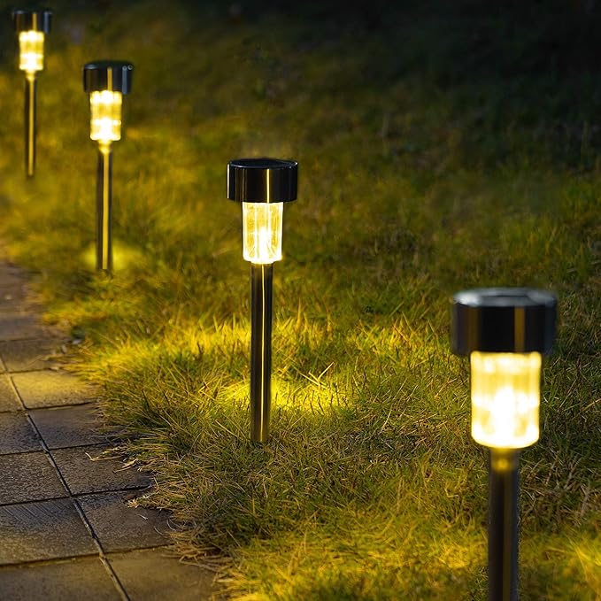 GIGALUMI Solar Pathway Lights 20 Pack, Stainless Steel IP44 Waterproof Auto On/Off Outdoor LED Solar Landscape Lights for Garden, Yard, Patio, Path and Walkway. (Warm White)