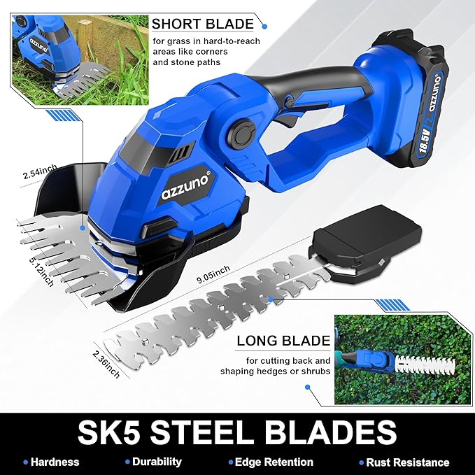 AZZUNO Cordless Hedge Trimmer, 2-in-1 Electric Grass Shears Shrubbery Trimmer with Battery，Handheld Grass Cutter Shrub Trimmer for Gardens, Yards, Lawns, Including Charger (1 Battery)