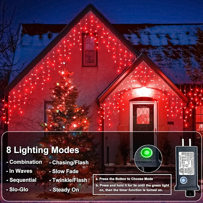 Christmas Icicle Lights Outdoor, 66Ft 640 LED Icicle Lights for Outside with 8 Modes Timers, Waterproof Plug in String Light for House Yard Eave Patio Wedding Party Holiday Decorations, Red