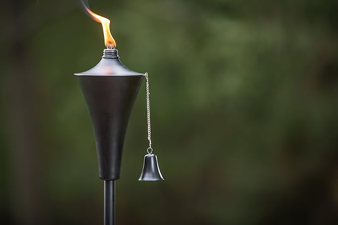 Set of 4, Oahu Premium Metal Patio Torches, 53" Tall- Tiki Style/w Snuffer, Fiberglass Wick & Large 16oz Oil Lamp for Deck, Patio, Lawn, Garden, Luau (Smooth Black)