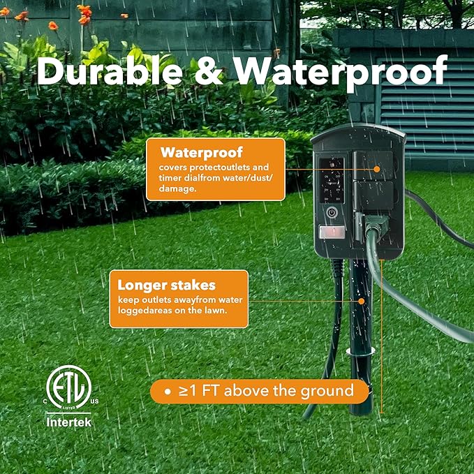 BN-LINK Outdoor Power Stake Timer Waterproof, Power Strip with 6 Grounded Outlets and 6FT Extension Cord, 100FT Wireless Remote Control, Dusk to Dawn Sensor Timer for Lights and Courtyard Decoration