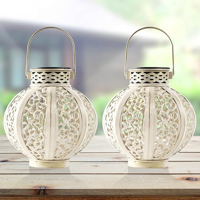 MAGGIFT 2 Pack Hanging Solar Lights for Outside,Solar Lanterns Outdoor Waterproof,Retro Hanging Lantern with Handle for Yard, Garden Decor, Gardening Gifts, Mom Birthday Gift, Beige White
