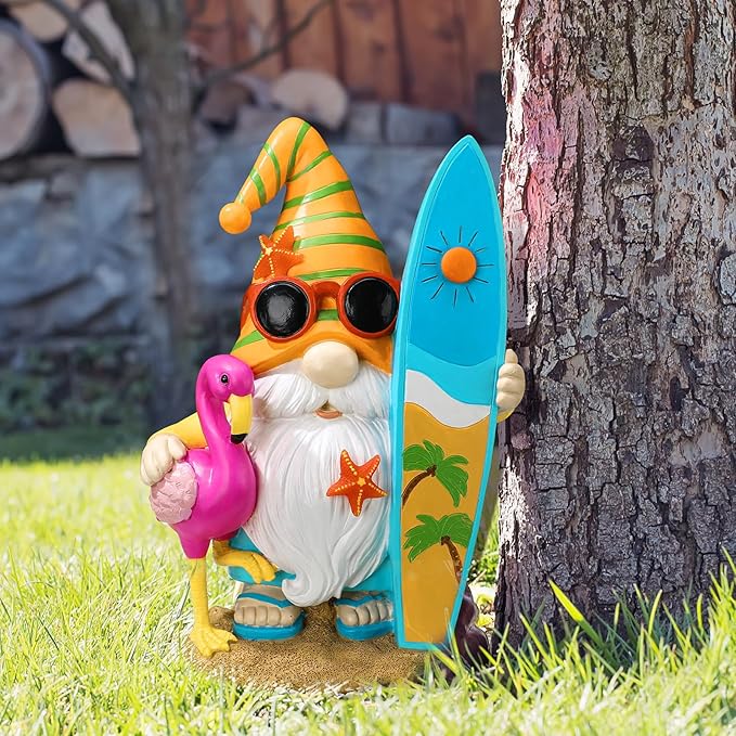 Funny Solar Gnomes Garden Decor Surfer Gnome Figurine with Flamingo Summer Beach Gnomes Solar Light Outdoor Funny Lawn Statue for Patio, Lawn, Yard, Porch,holiday Women Gift,9.1 Inch Tall
