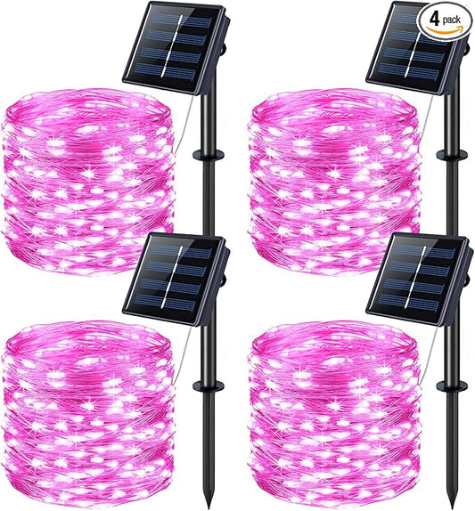 JMEXSUSS 4 Pack Pink Solar Lights, Each 33ft 100 LED Solar String Lights Outdoor Waterproof, 8 Modes Copper Wire Pink Fairy Light for Yard Patio Garden Party Wedding Decorations