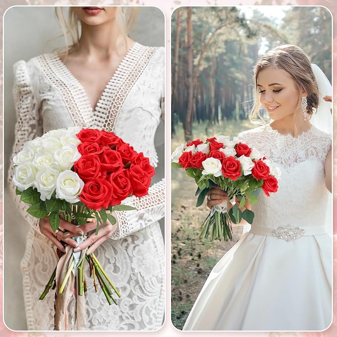 36 Pcs Red and White Rose Artificial Roses Flowers Bouquet Centerpiece,Fake Silk Rose Stem Realistic Artificial Flowers Bulk for Bridal Wedding Bouquet Ball Arrangement Party Decor