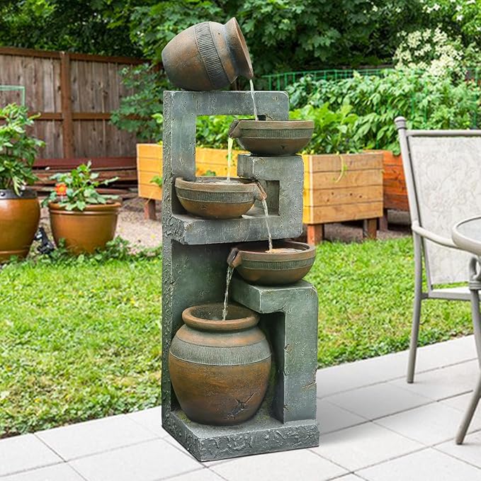 50.4" H Large Garden Fountains Outdoor, 5-Tier Cascading Rustic Style Bowl Water Fountain and Waterfall Feature with Light and Pump for Garden, Patio, Deck, Porch, Home Décor, Gray&Brown