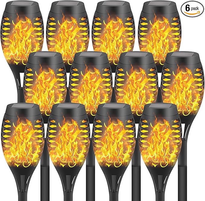 12-Pack Solar Flickering Flame Torches – Waterproof Solar Garden Lights, Outdoor Solar Lights for Yards, and Flame Torches for Patio and Pathway Decorations