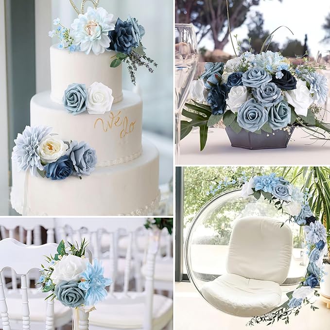 AGIRL Artificial Flowers Combo Silk Mix Purple Fake Flower with Stems for DIY Wedding Bouquets Centerpieces Arrangements Table Chair Decor Baby Shower Home Decor (Light Blue)