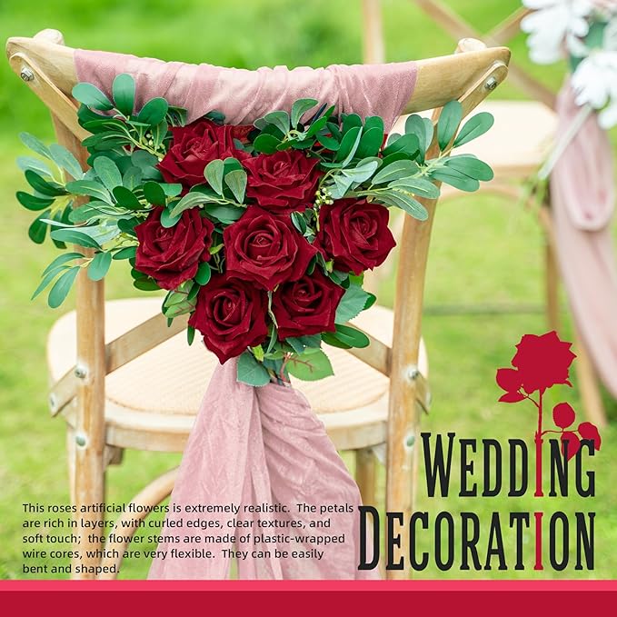 Fake Roses Faux Flowers Silk Roses Artificial Roses with Stems Realistic Artificial Flowers Suitable for Indoor Home Decoration DIY Bouquet Wedding Decor Party Decor 16.5In (12PCS, Red)