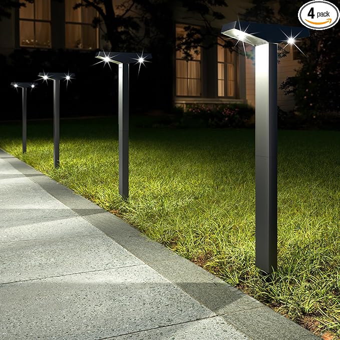 JSOT Solar Lights Outdoor 4 Pack, Solar-Powered Landscape Lighting for Outside, Perfect IP65 Waterproof Solar Pathway Lights for Backyard, Lawn, Driveway, Walkway, Garden Decorative. (Cool White)