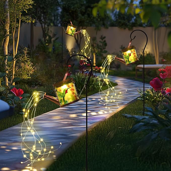 Larekook Solar Outdoor Watering Can Lights Decorative Path Lights, Metal Glass Solar Garden Light Outdoor Waterfall Decor Ornament for Yard Lighting Outside Hummingbird