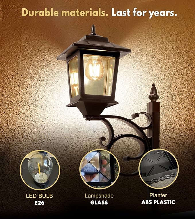 Outdoor Flower Pots 2 in 1, Outdoor Planter, Solar Lamp Post Lights Outdoor, Wall Mount or Freestanding Waterproof Solar Post Decorative Lamp for Lawn Patio Front/Back Door（Flowers not Included）