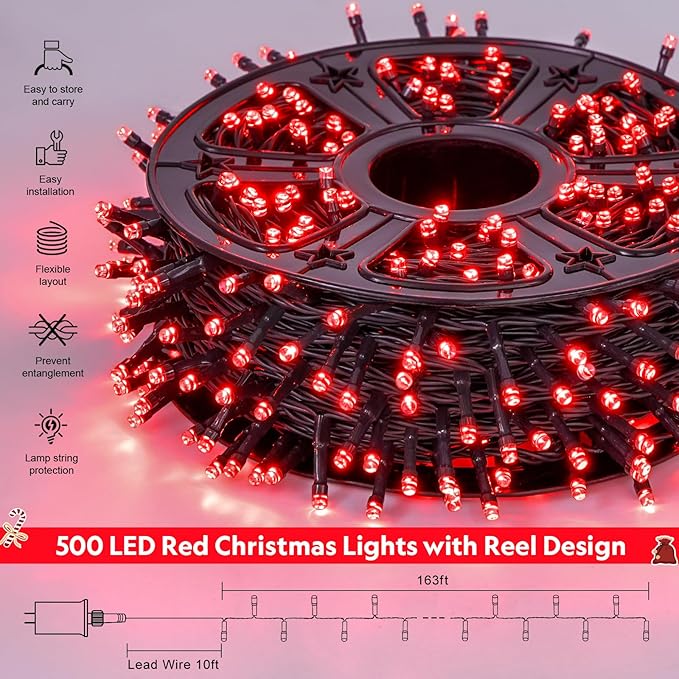 JMEXSUSS 500 LED Red Christmas Lights Outdoor, 173ft 8 Modes Christmas String Lights Plug in, Waterproof Red LED Lights for Indoor Tree Party Bedroom Xmas Halloween Decor