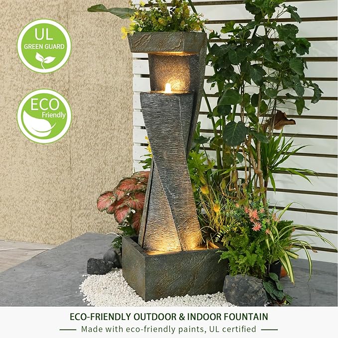 Garden Modern Outdoor Fountain, 47.2" Floor Standing Outdoor Water Fountains with Lights for Garden, Backyard, Patio, Porch, Deck and Home Art Decor