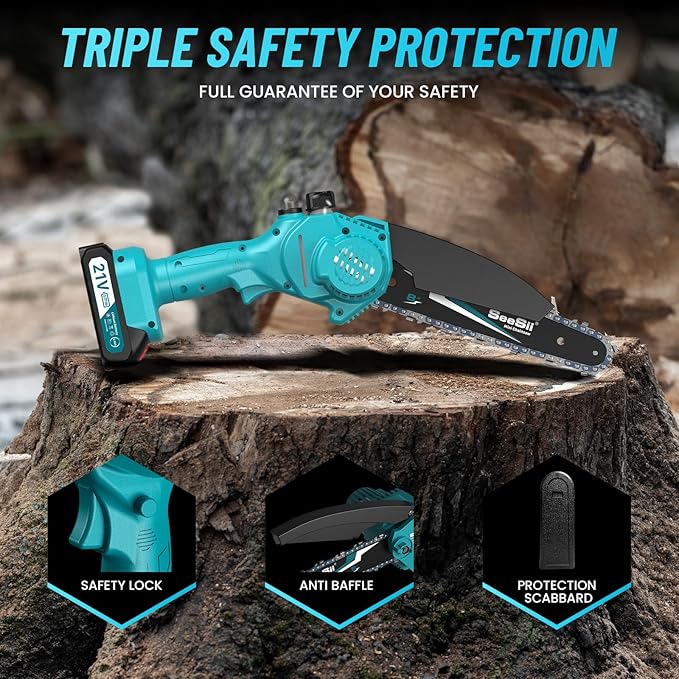 SEESII Mini Chainsaw 8 inch,Cordless Chainsaw w/ 2pcs 2000mAh Batteries,Oiler System & Replacement Chain,Handheld Chain Saw w/Safety Lock,Battery Powered Chain saw for Wood Tree Cutting,CH820+