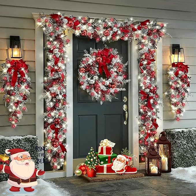 QITONG 4 Pack Red and White Solar Fairy Lights, Each 33ft 100 LED Christmas Lights, 8 Modes Silver Wire Solar String Lights