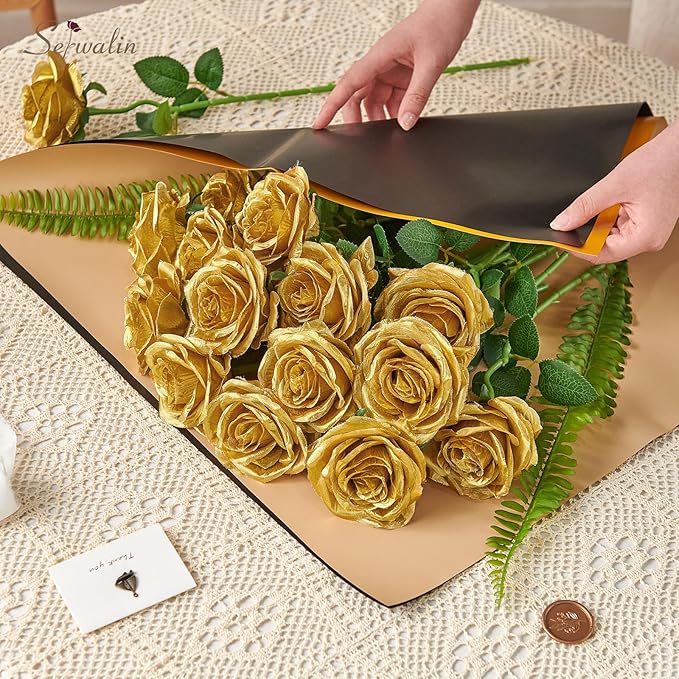 Serwalin 20pcs Artificial Gold Roses, 4'' Big Flower Head, Fake Roses Velvet Real Touch, Silk Roses Long Stems Realistic Bouquet for Wedding Parties Table Centerpiece and Home Decor