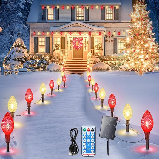 Minetom Solar Double C9 Strawberry Christmas Pathway Lights Outdoor -16FT 10 LED C9 Christmas Lights Outdoor with Timer,8 Modes,Solar Christmas Outdoor Decorations for Lawn Outside, Red & Warm White