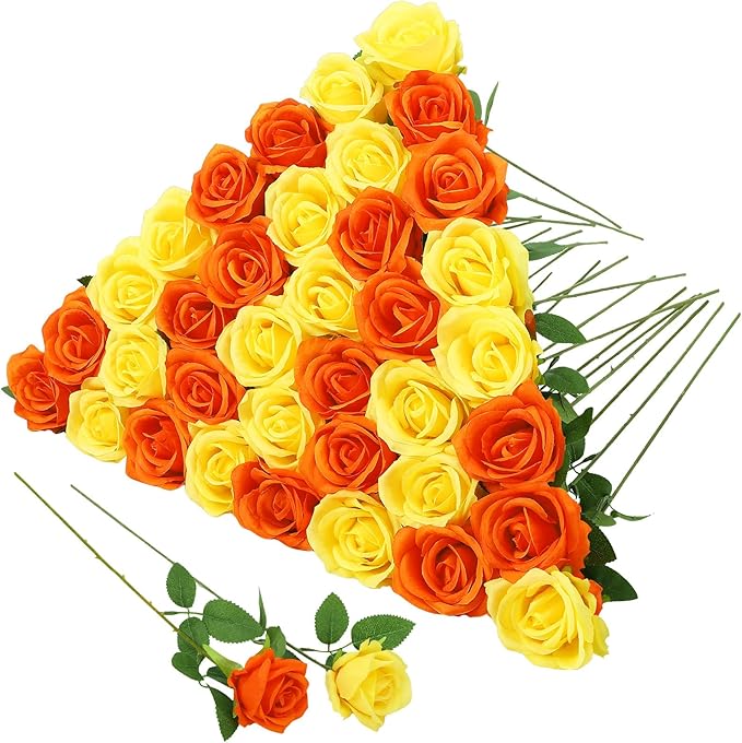 36 Pcs Yellow, Orange Artificial Roses with Long Stems, Purple Fake Silk Rose Artificial Flowers Bulk for Bridal Wedding Bouquet Centerpiece Ball Arrangement Party Decor