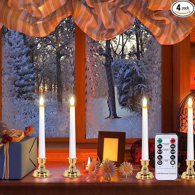 JOSU LED Window Candles, Christmas Flameless Window Candle Lights with Timer Battery Operated, 4 3D Wick Light Candle+4 Removable Gold Candleholders+Remote, for Decor &Festival Celebration