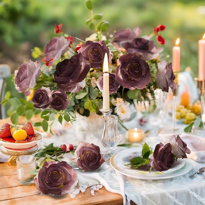 Burgundy Artificial Roses Fake Flowers Not Bend The Peduncle with Stems for DIY Wedding Bouquets Bridal Shower Centerpieces Arrangements Tables Decorations 24pcs